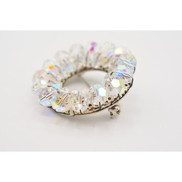 Vintage Crystal Pin Brooch Aurora Borealis AB Cluster Round Wreath 1980s Bin5B - Picture 6 of 12